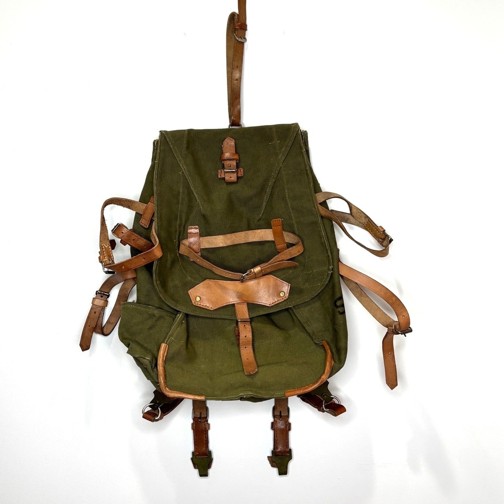 Military Rucksack Backpack Men Large Olive Green Canvas Leather Gorpcore Vintage